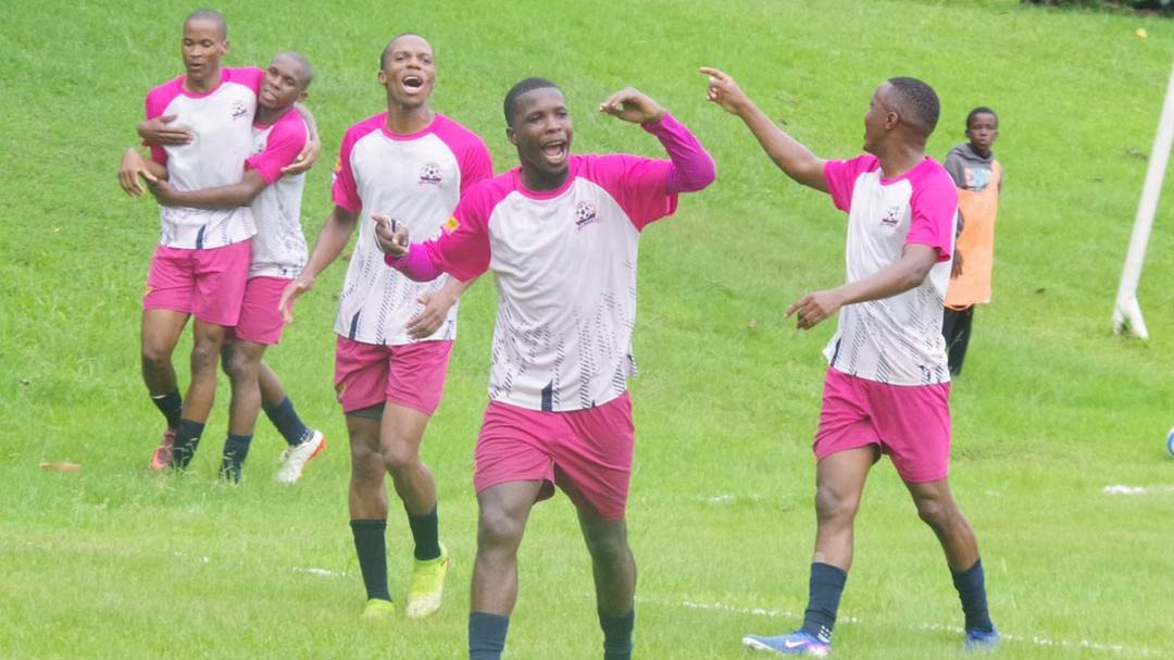 Manzini Sea Birds’ Mayibongwe ‘Suarez’ Mabuza leads his teammates in celebration after their 1- 0 over Moneni Pirates. (Pic: Sanele Jele)